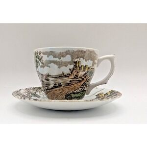 JOHNSON BROS England Scenic Teacup and Saucer Transferware Brown Vintage READ